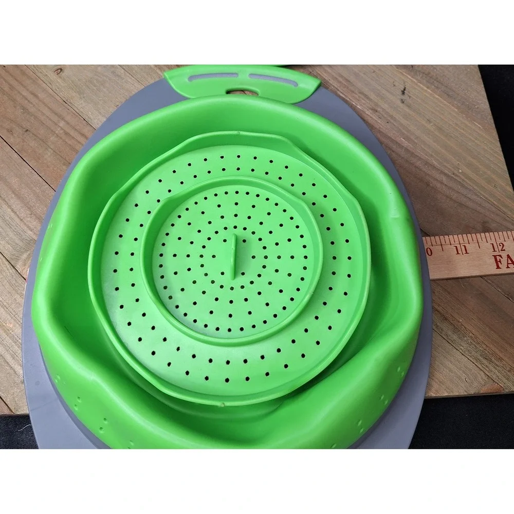 Collapsible Silicone Colander  Piece Green Grey Round Folding Strainers 3.5 qt.